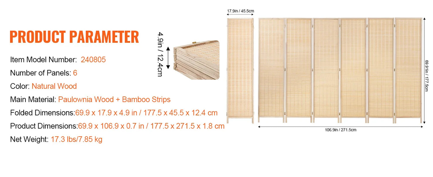 Ljustra 6 Panel Bamboo Room Divider Hand-Woven Folding Privacy Screen