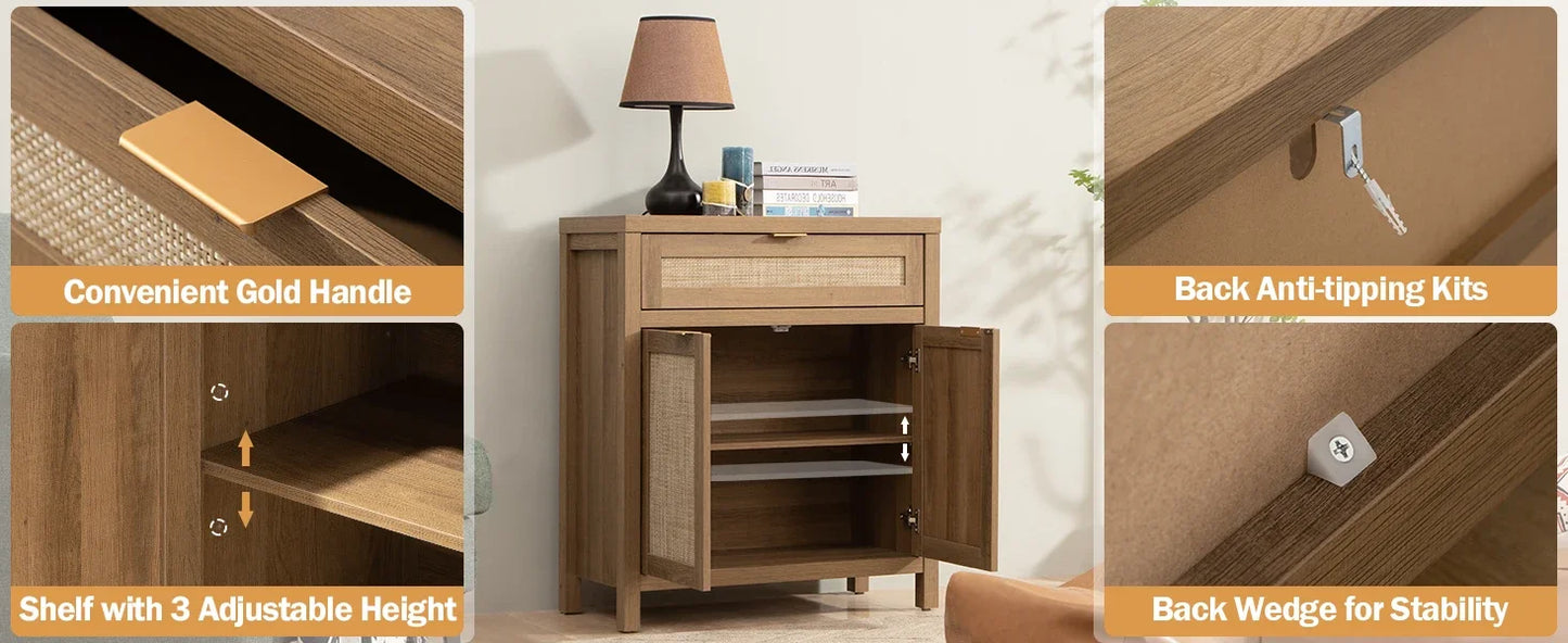 Buffet Storage Cabinet 2-piece Set Bohemian Rattan Sideboard Console