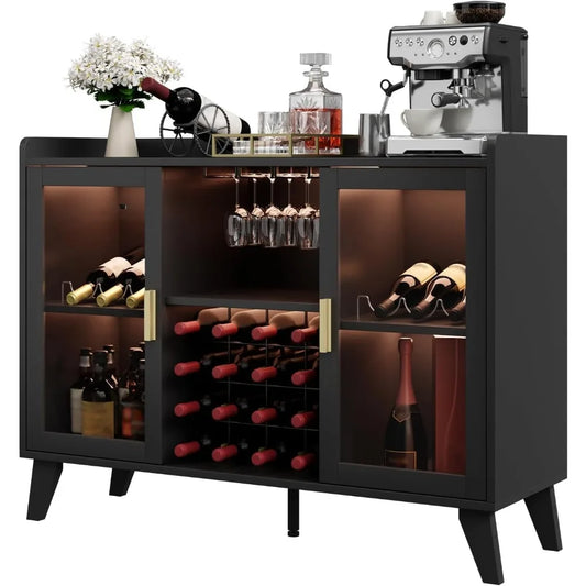 Modern Wine Bar Cabinet LED Light Coffee Liquor Storage Sideboard
