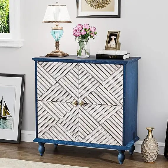 Antique Wood Carved Accent Cabinet Rustic Sideboard Buffet Storage