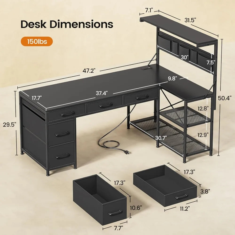 L Shaped Gaming Desk with Storage Drawers and Shelves for Home Office