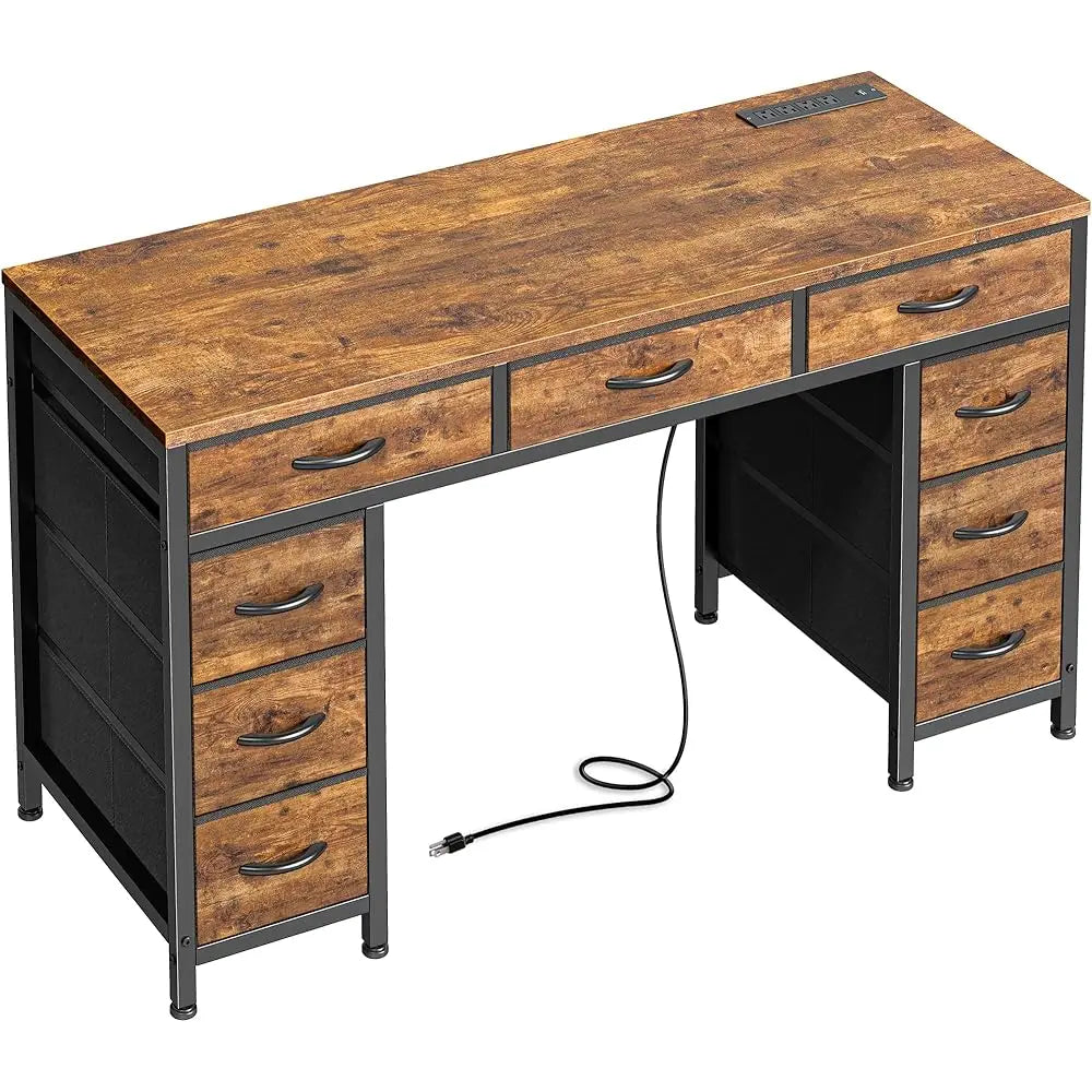 47 Inch Office Desk with Outlets and 9 Fabric Drawers for Home Office
