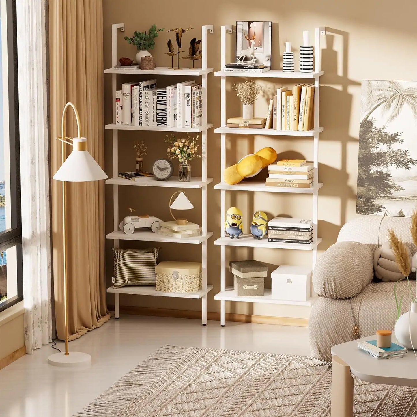 Ladder Shelf 5-Tier Wooden Bookshelf Wall-Mounted Plant Stand Utility