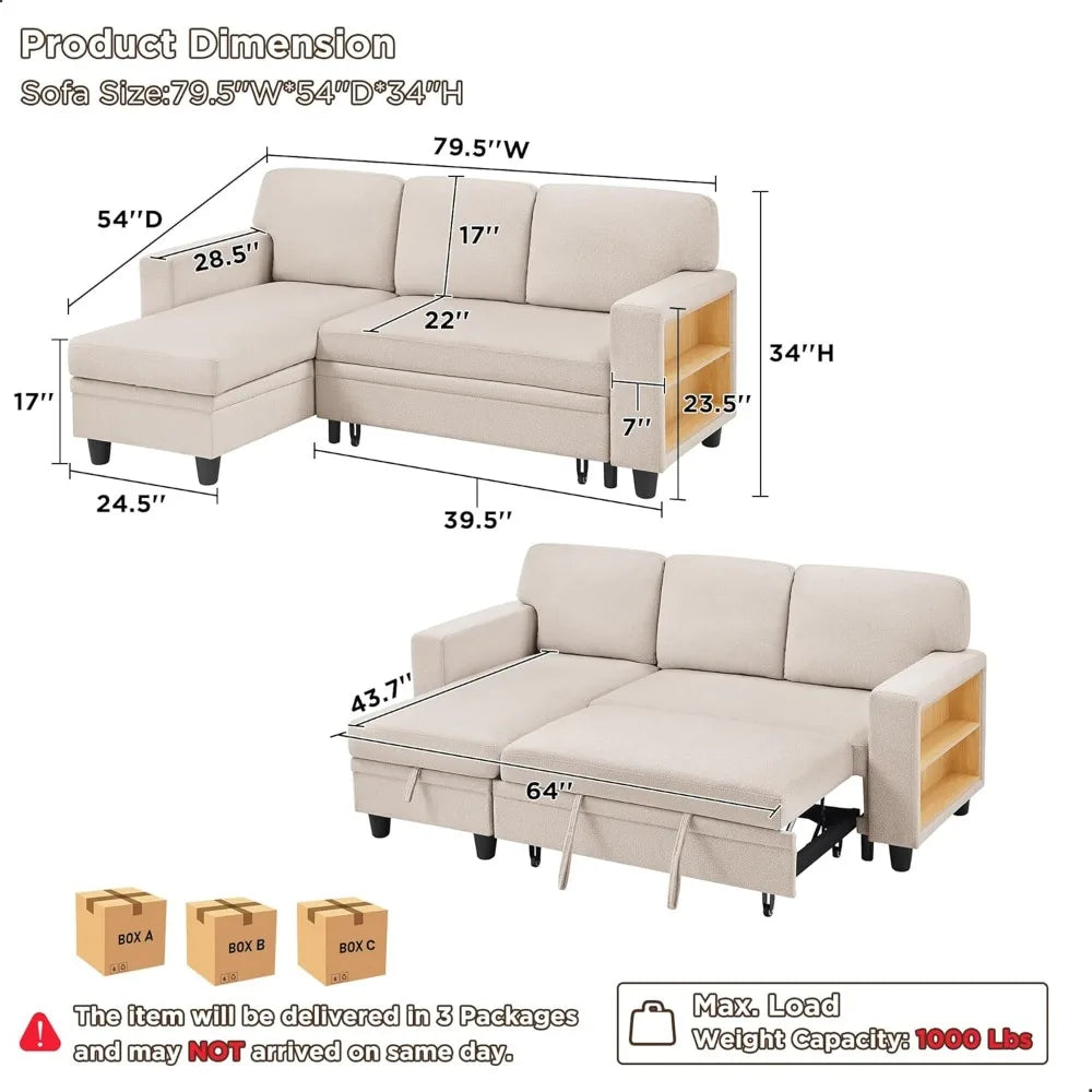 Ljustra 80” Sleeper Sofa Bed L-Shaped Sectional Couch with Storage