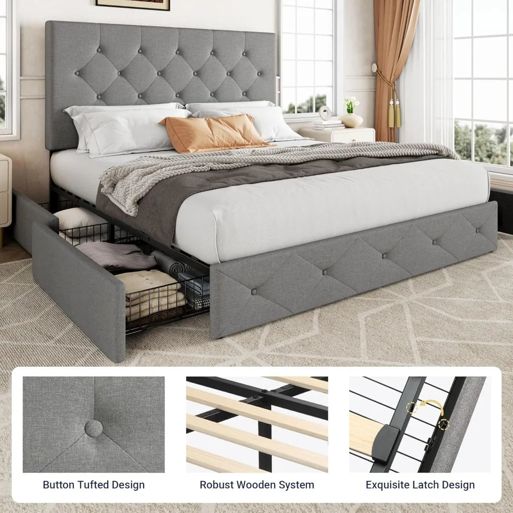Queen Size Platform Bed Frame with Storage Drawers and Adjustable Headboard