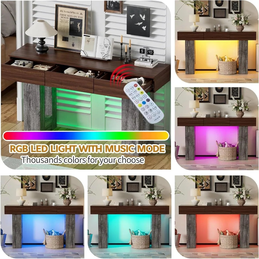 63-Inch Console Table with LED Lights and 3 Drawers for Entryway Living Room