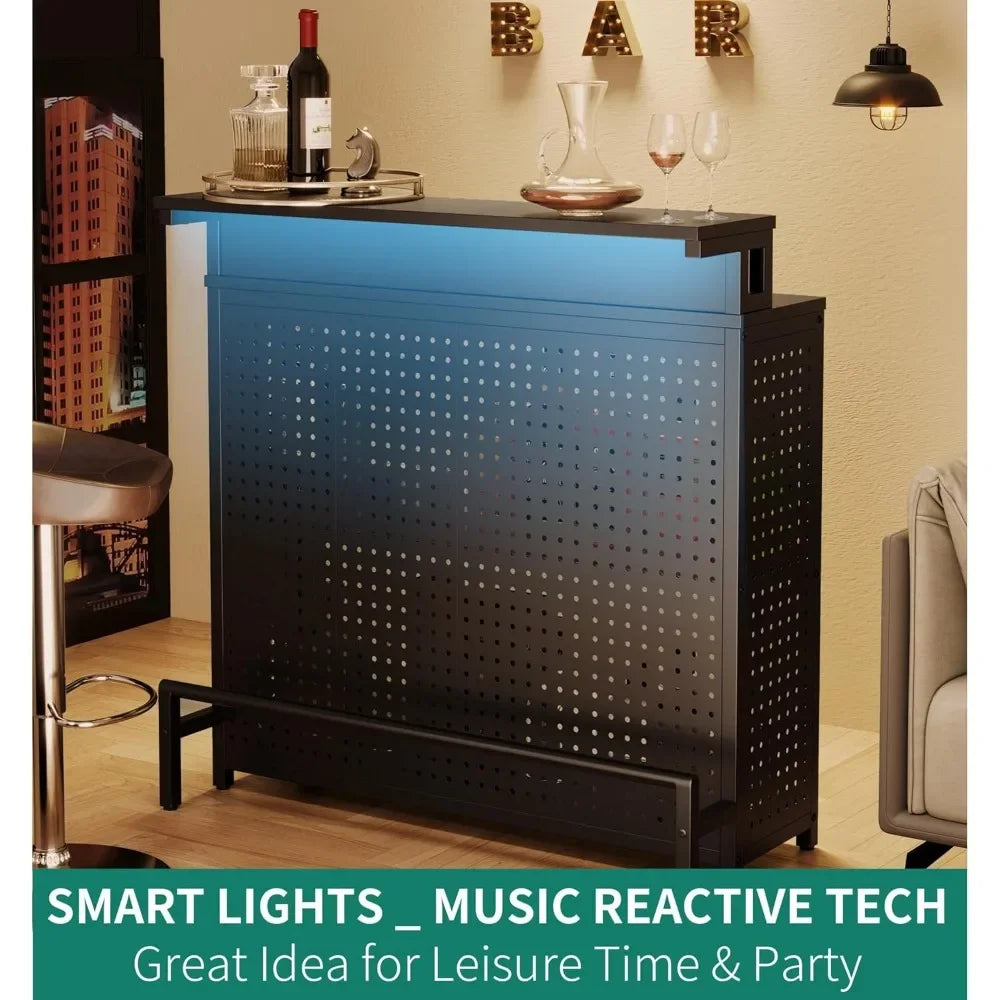 Mini Home Bar Unit with Music Sync LED Light Alcohol Storage Table