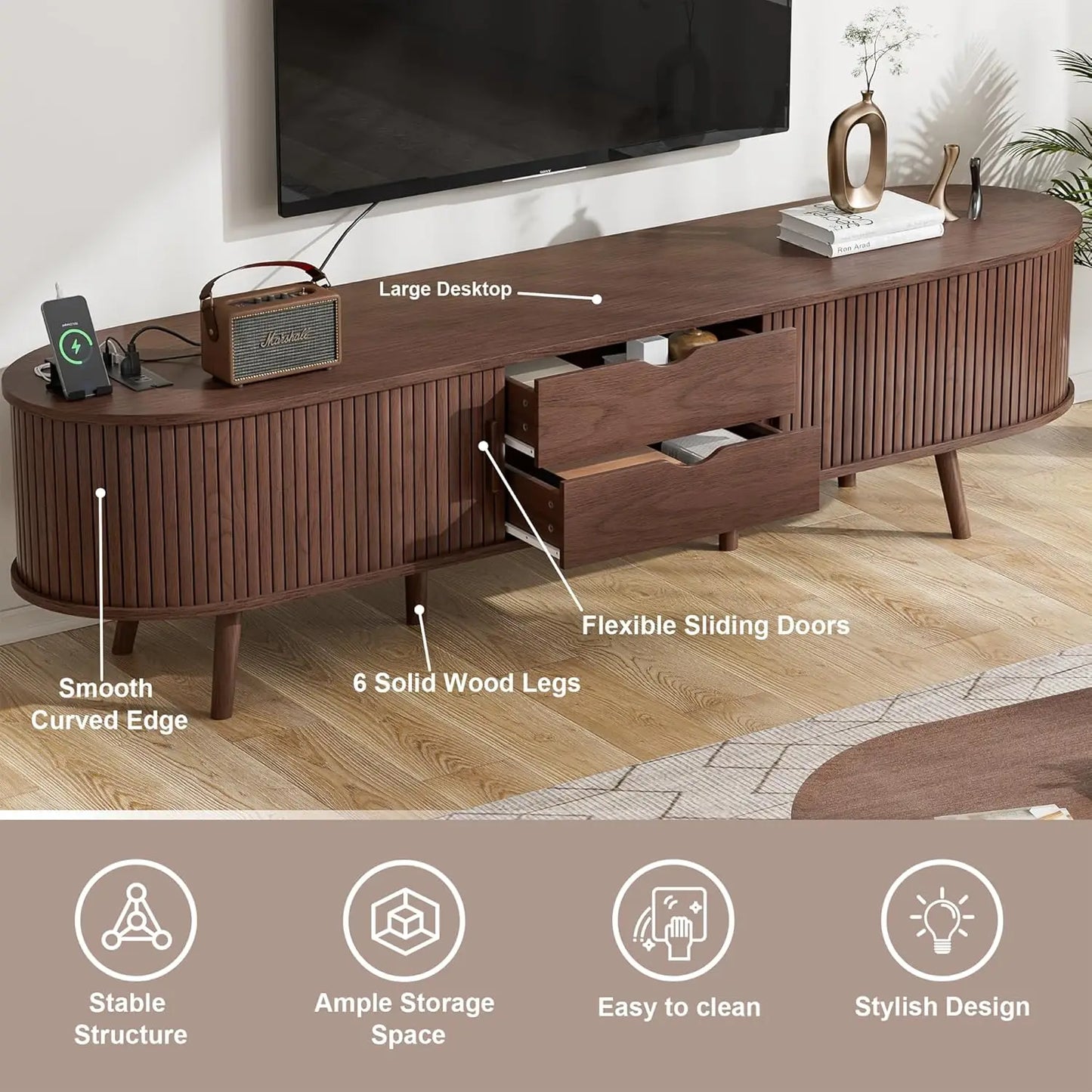 69 Inch Mid Century Modern TV Stand with Charging Station and Drawer