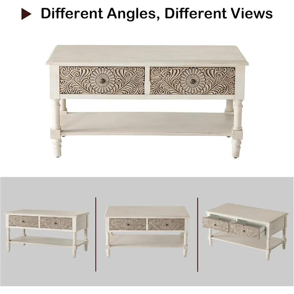 Coffee Table with 2 Storage Drawers Vintage Farmhouse Wood Center Table