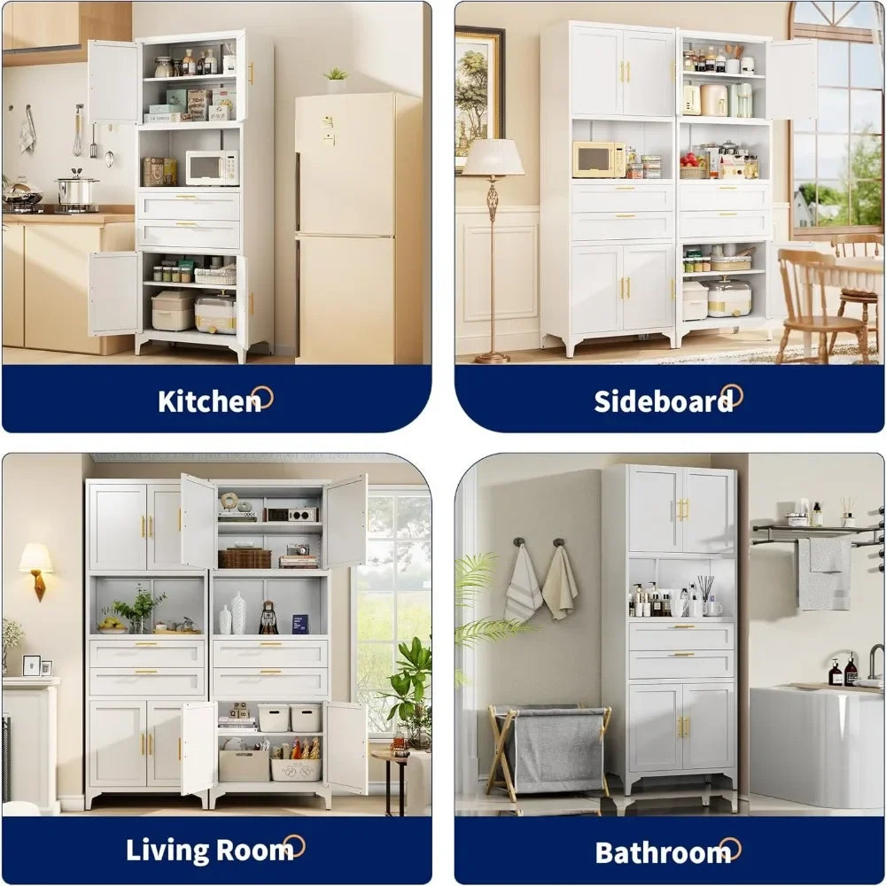 75 Inch Tall Metal Pantry Cabinet with Adjustable Shelves and Drawers