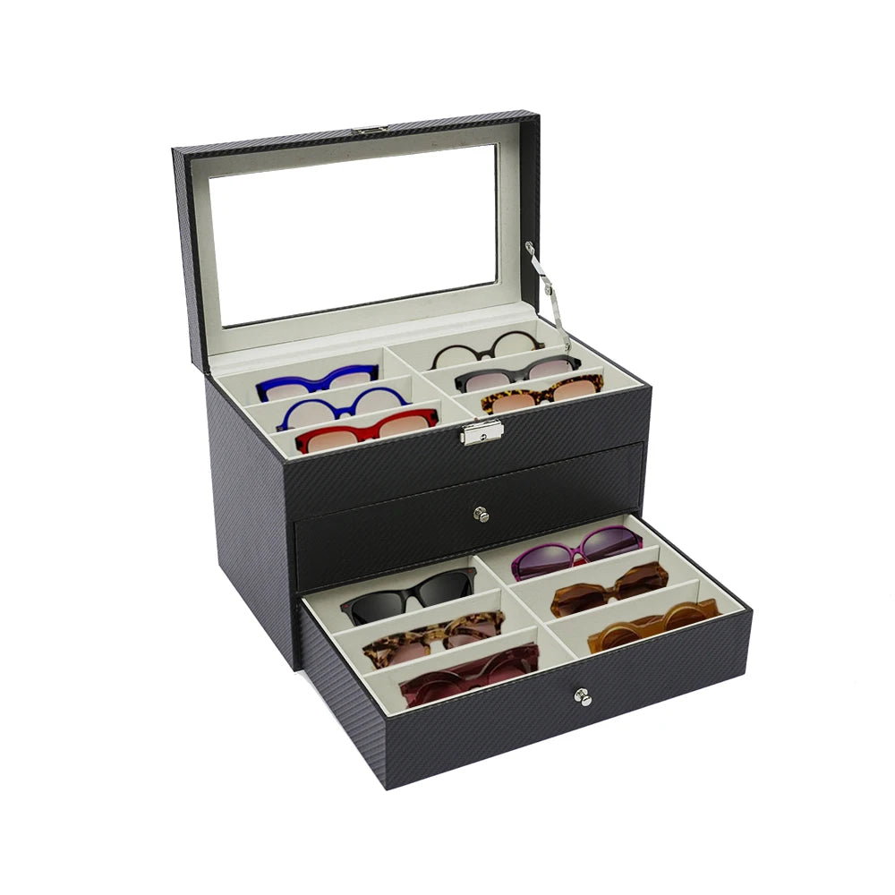 18-Grid Carbon Fiber Eyeglass Case Modern Sunglasses Storage Box