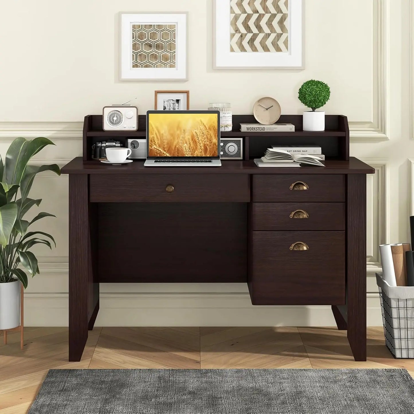 Computer Desk with 4 Storage Drawers and Hutch Vintage Home Office Desk