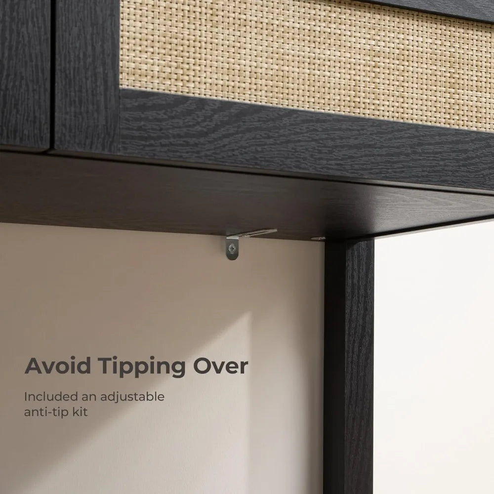 Black Console Table Set of 2 Boho Entryway Table with Rattan Drawers