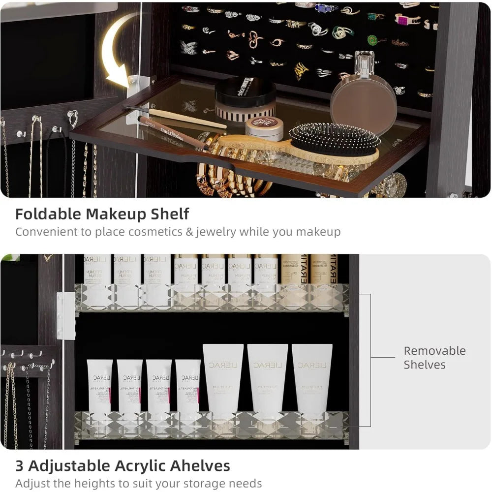 360 Degree Swivel Jewelry Cabinet Full Length Mirror Storage Organizer