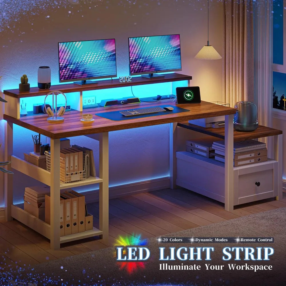 63 Inch Farmhouse Computer Desk with Drawers LED Lights Shelves