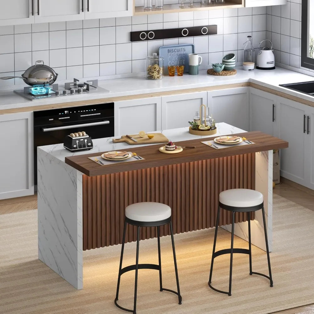 63 Inch Large Imitation Marble Bar Table with LED Lights Modern Design