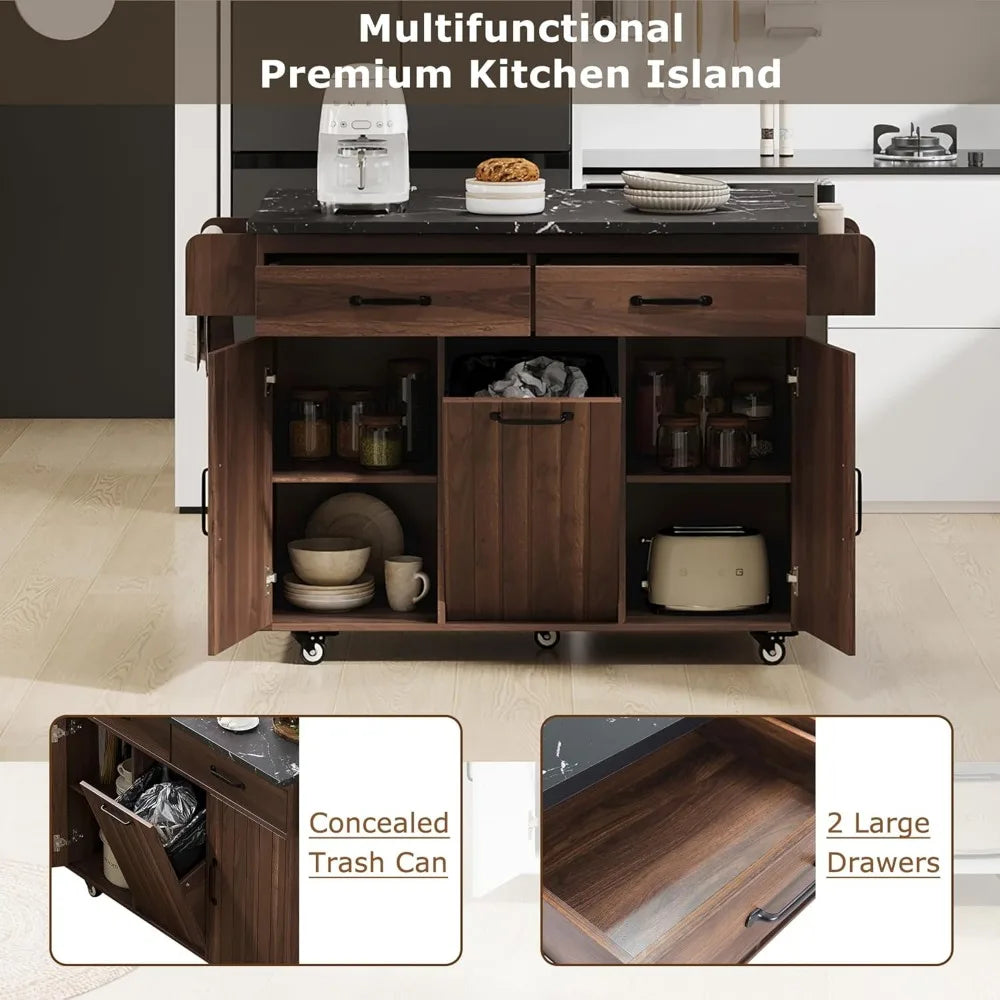 Rolling Kitchen Island on Wheels with Hidden Trash Can Storage