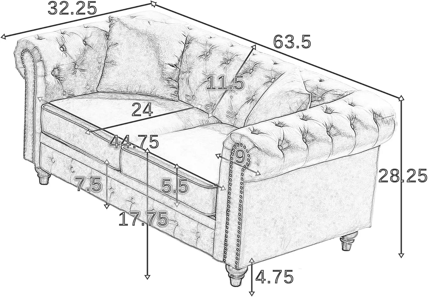 Ljustra Rolled Arm 3-Seater Sofa Couch with Nailhead Trim and Pillows