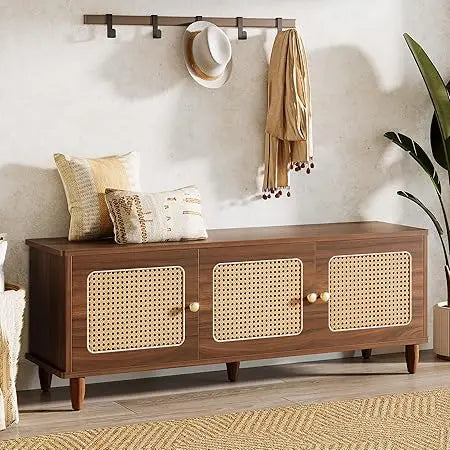 Ljustra Shoe Bench Lift Top Storage 2-Tier Entryway Cabinet Rattan Doors