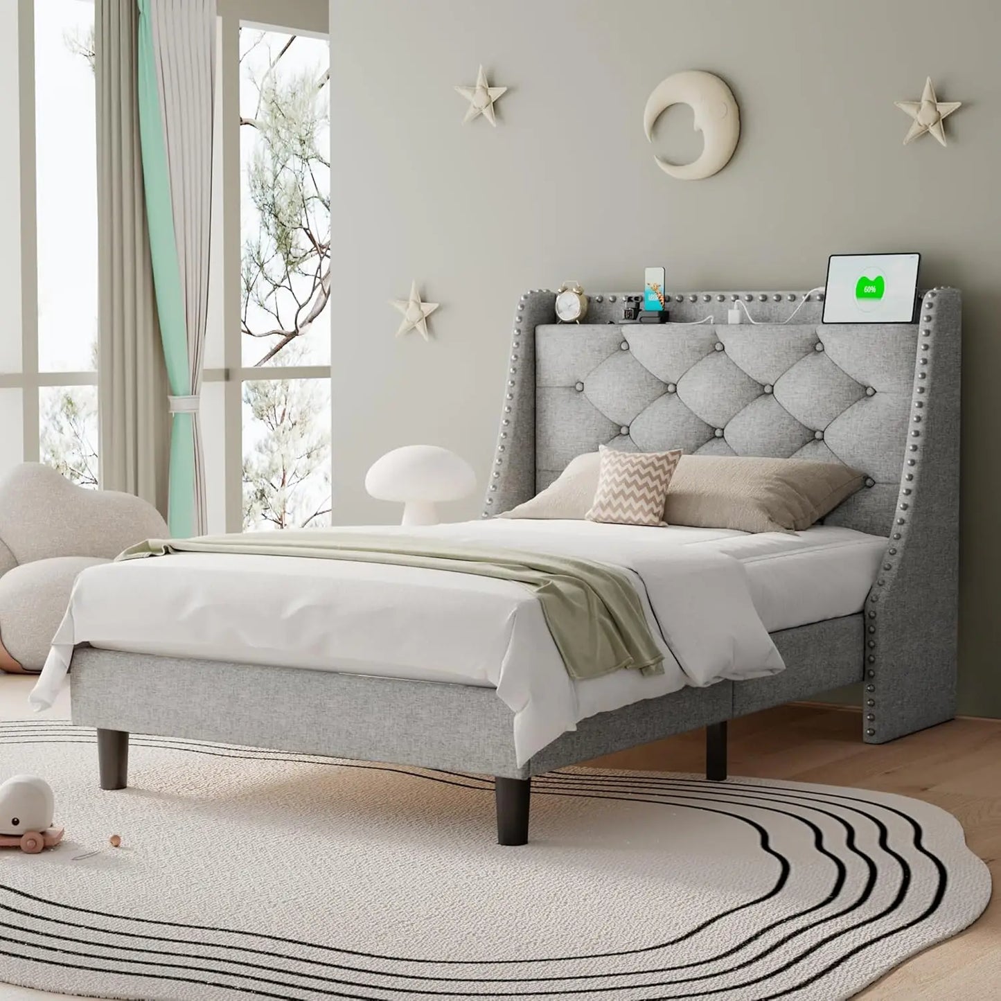 Full Size Bed Frame Wingback Tufted Storage Headboard with AC Ports