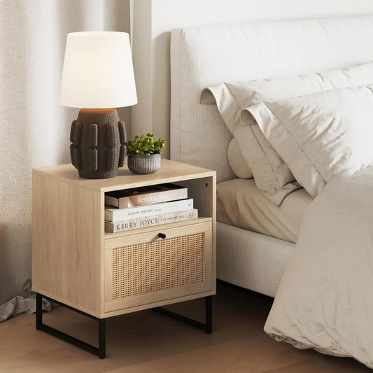 Mina Rattan Wood End Accent Table Nightstand Storage Living Room Bedroom