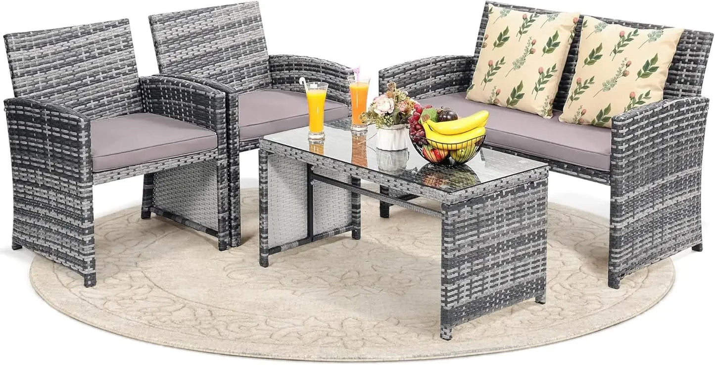 4 Piece Rattan Patio Furniture Set Outdoor Sectional Sofa Chairs Table