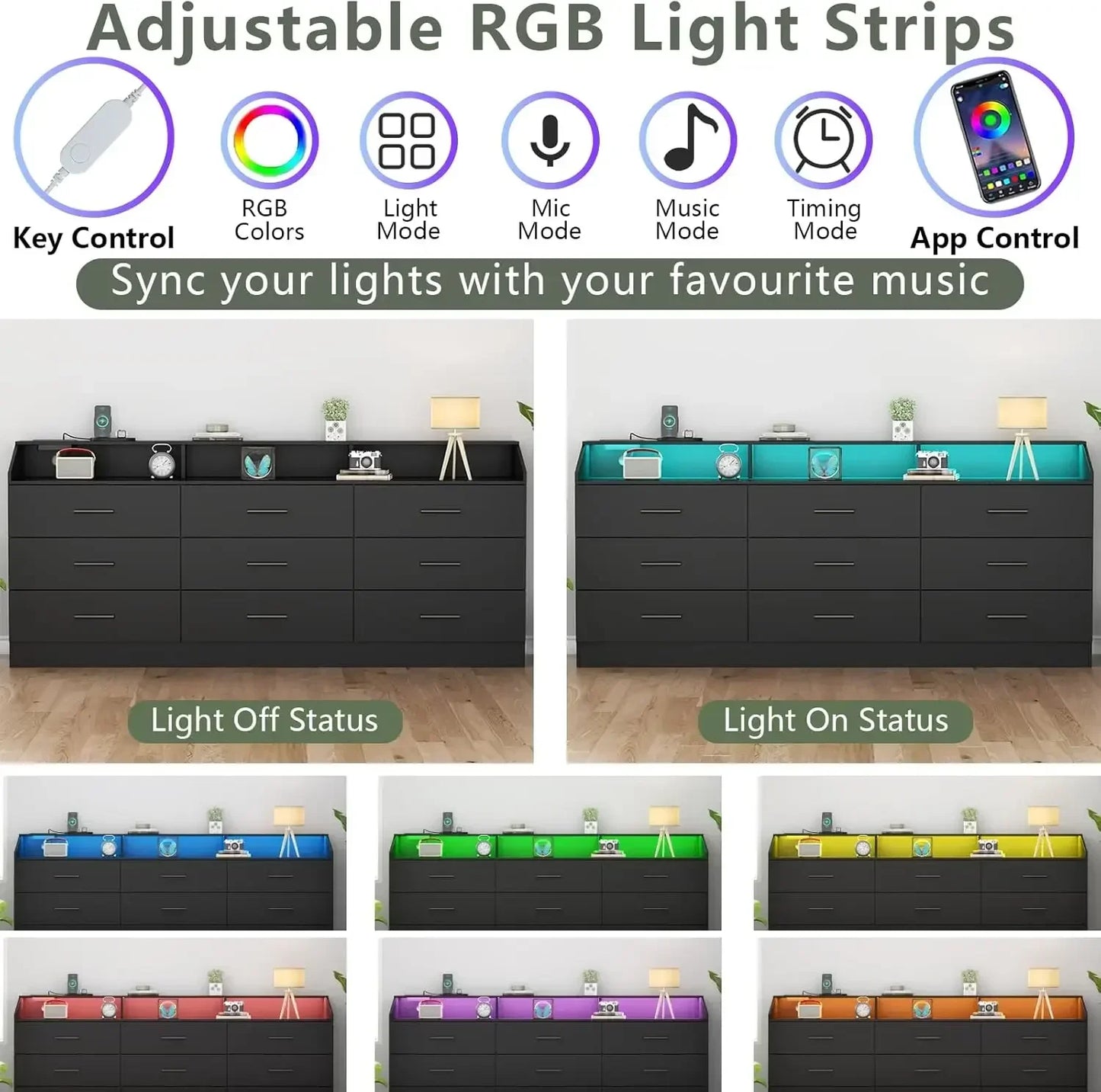 Modern Dresser with Power Outlet LED Light Open Storage Organizer