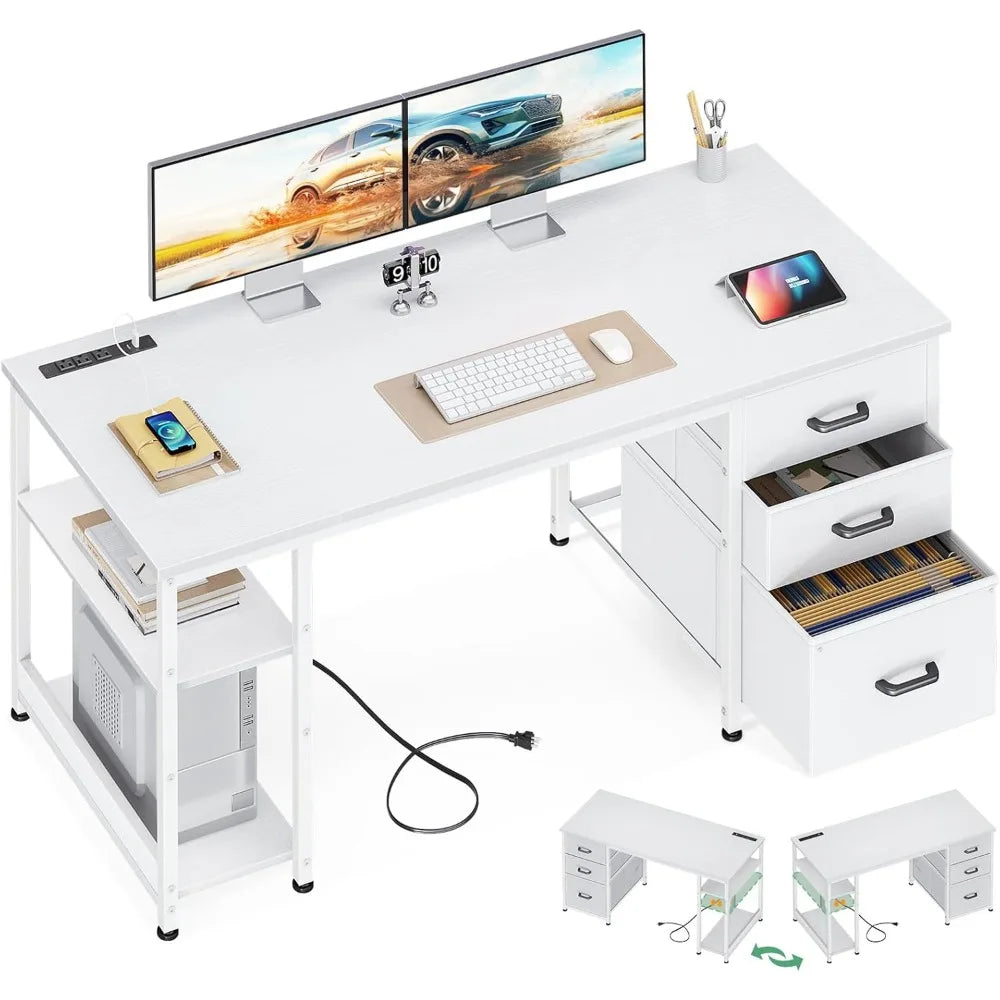 51 Inch Reversible Computer Desk with USB Power Outlets and Storage