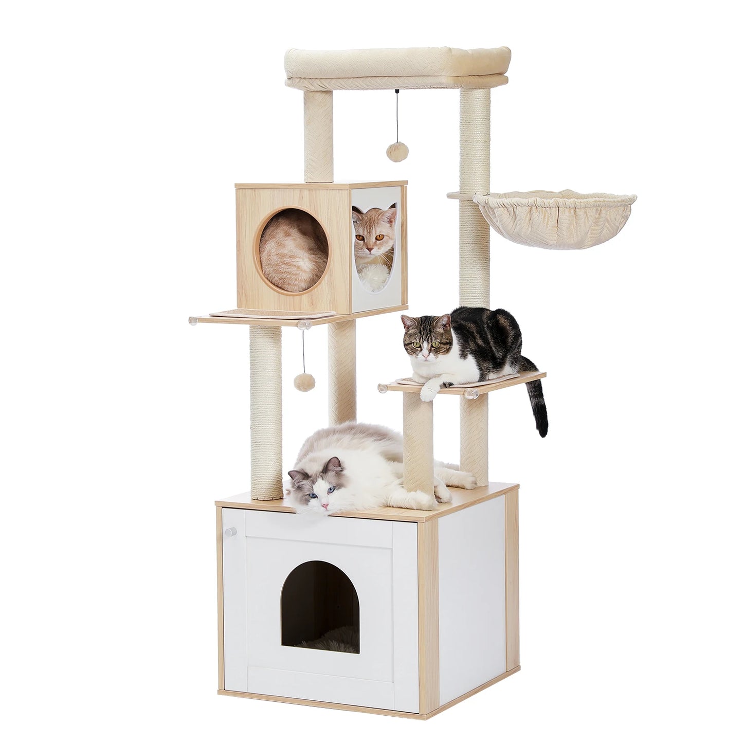 Multi-Level Cat Tree Indoor Wood Tower with Hammock Scratching Posts