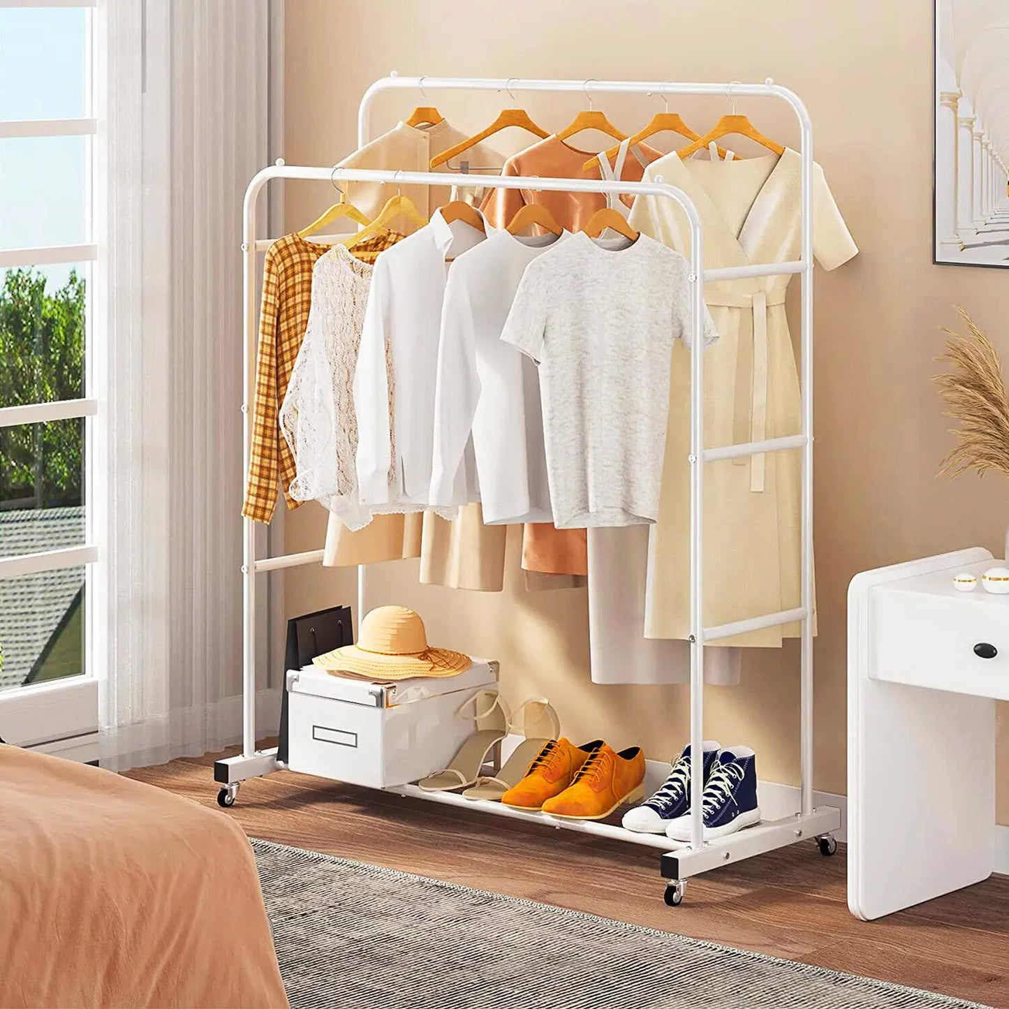 Rolling Clothes Rail Rack Garment Stand with 2 Tier Storage Shelves