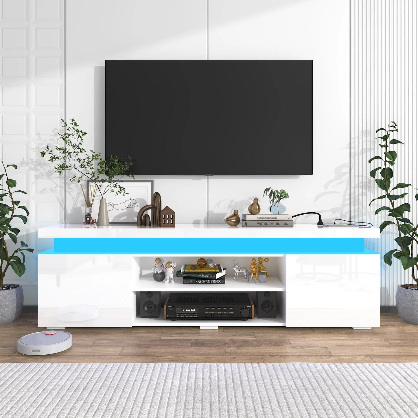 66 Inch LED TV Stand Modern Gaming Cabinet with Power Outlet Storage