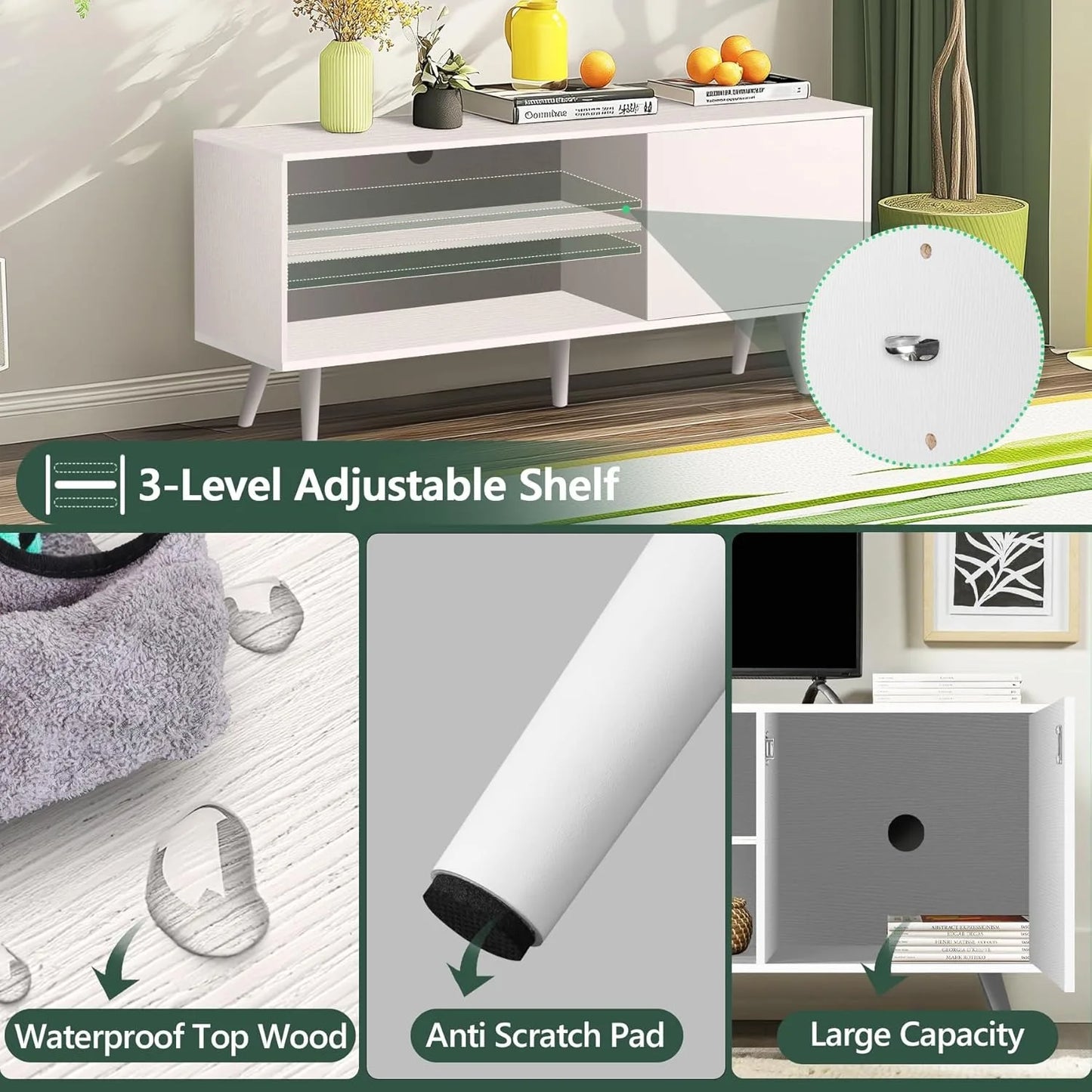 White Wood Modern TV Stand Entertainment Center with Storage Cabinet