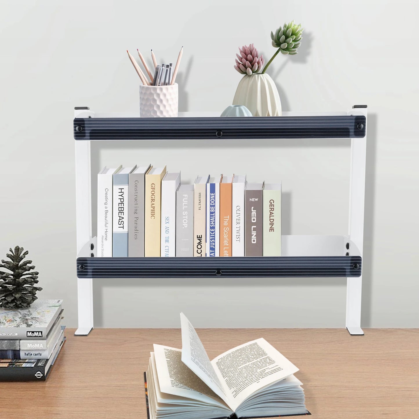 Clamp-on Desk Shelf 2-Tier Metal Organizer Above Under Table Storage