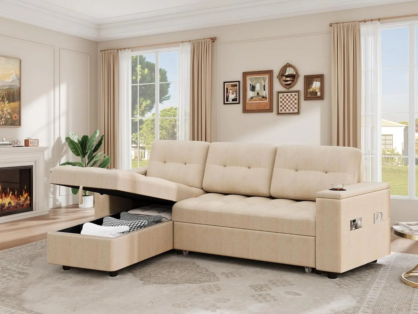 Modern L-Shaped Sleeper Sofa Bed w/ Pull Out, USB Ports, Storage Chaise, Reversible Couch