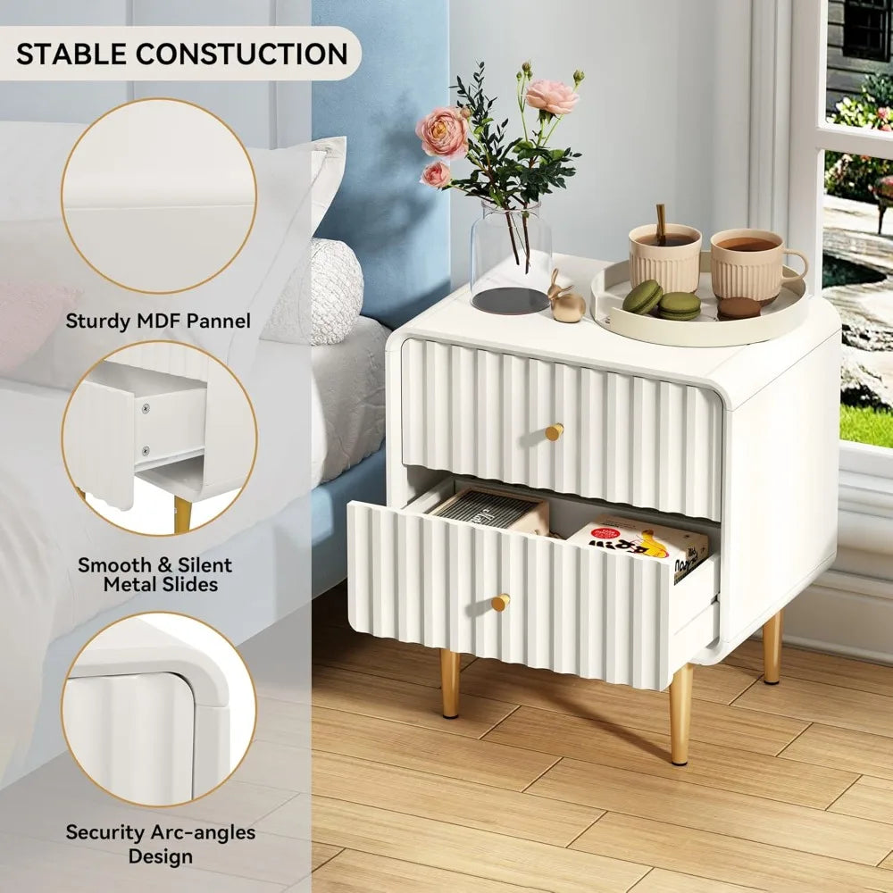 Modern Nightstand Set of 2 Fluted Bed Side Table with Drawers