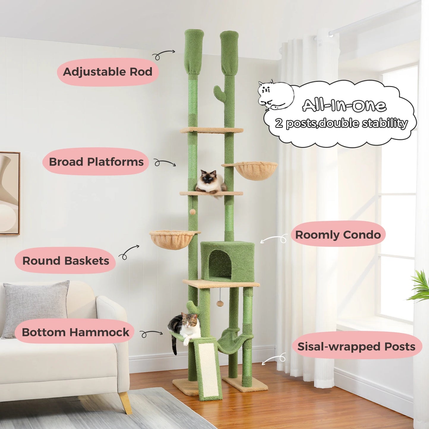 Cactus Cat Tree Floor to Ceiling 7 Tiers Adjustable Height 216-285CM