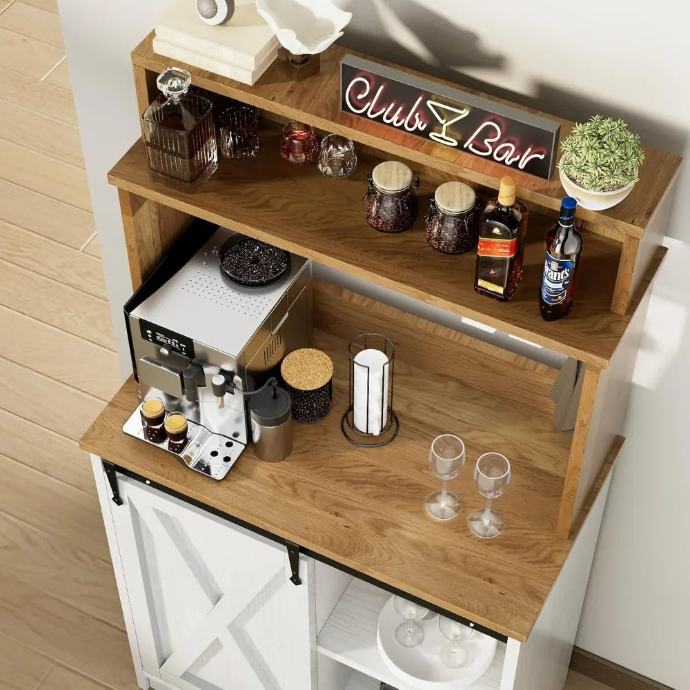 Farmhouse Coffee Station with Storage Hutch and Hooks for Living Room