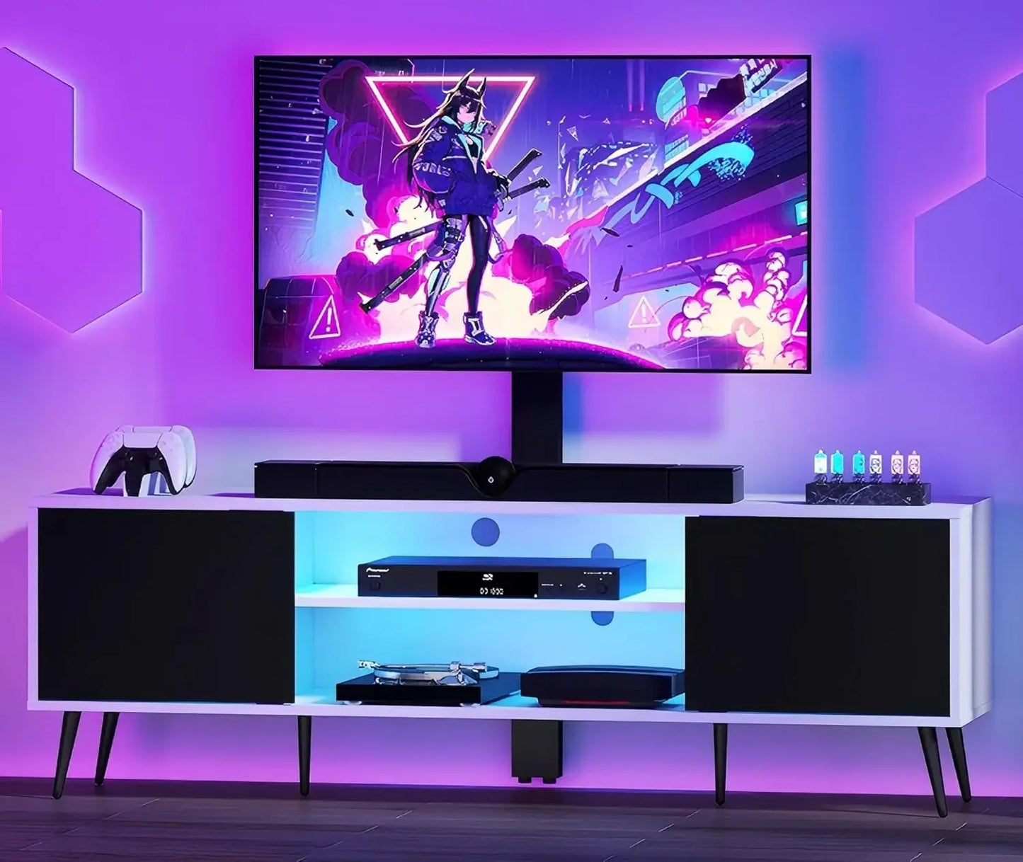 Modern Swivel TV Stand with Mount and LED Light for 70 Inch TVs