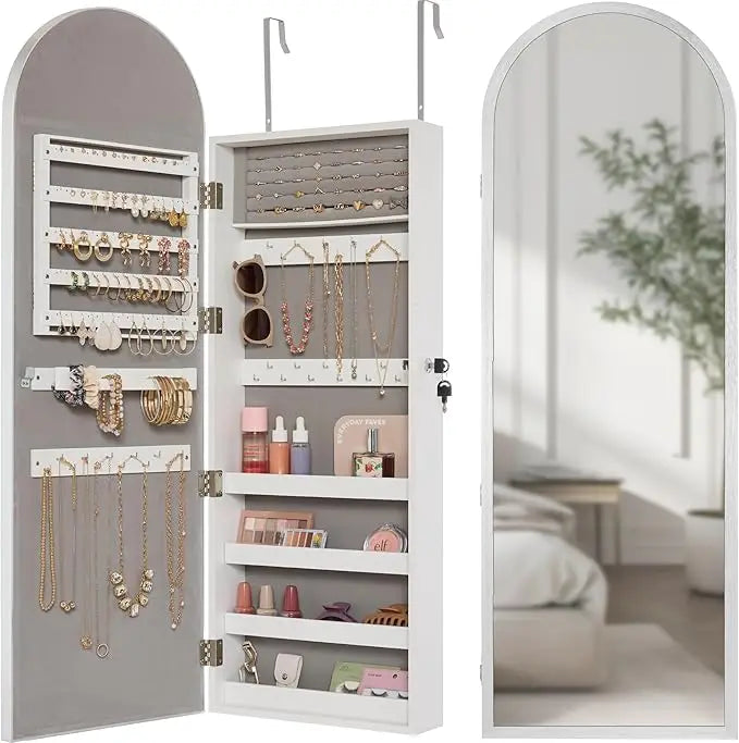 Arch Mirror Jewelry Cabinet Lockable Wall Mount Full-Length Organizer