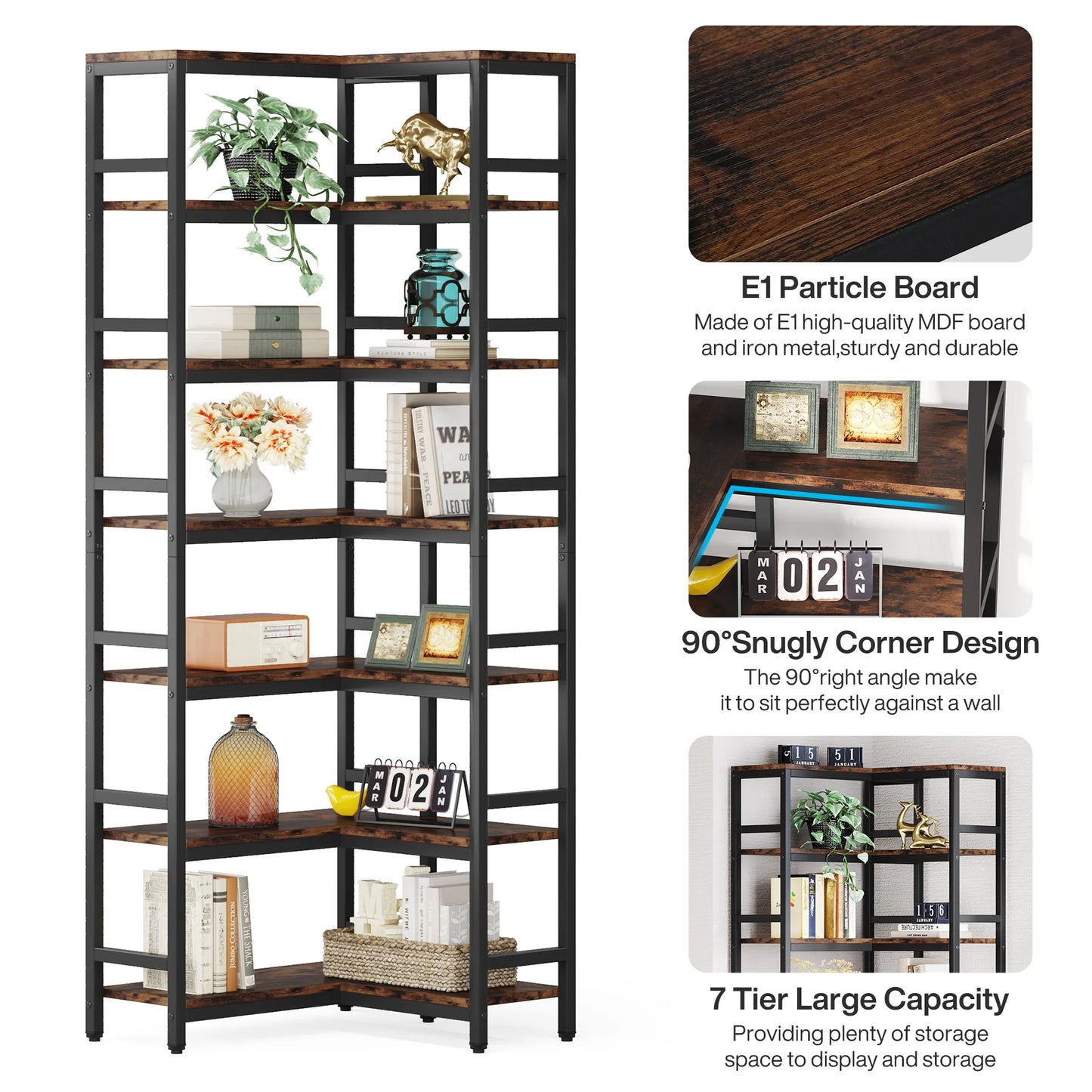 Ljustra 7-Shelf Corner Bookshelf Modern Corner Bookcase Storage Rack