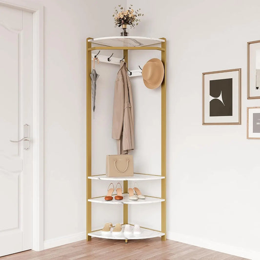 Corner Coat Rack Hall Tree with 6 Hooks 3 Shelves Entryway Storage
