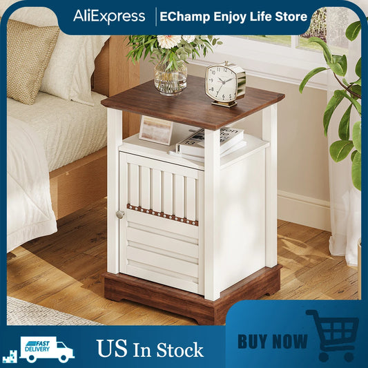 Nightstand with Charging Station Adjustable Open Shelf Farmhouse Style