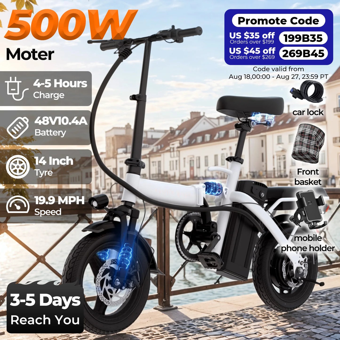 Ljustra 14 Inch Electric Bike Folding Commuter 500W Motor Removable Battery