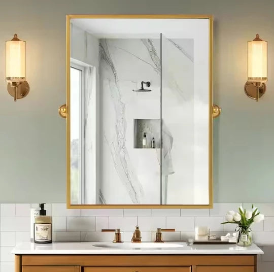 Gold Pivot Bathroom Mirror 38x26 Tilted Beveled Vanity Wall Mirror