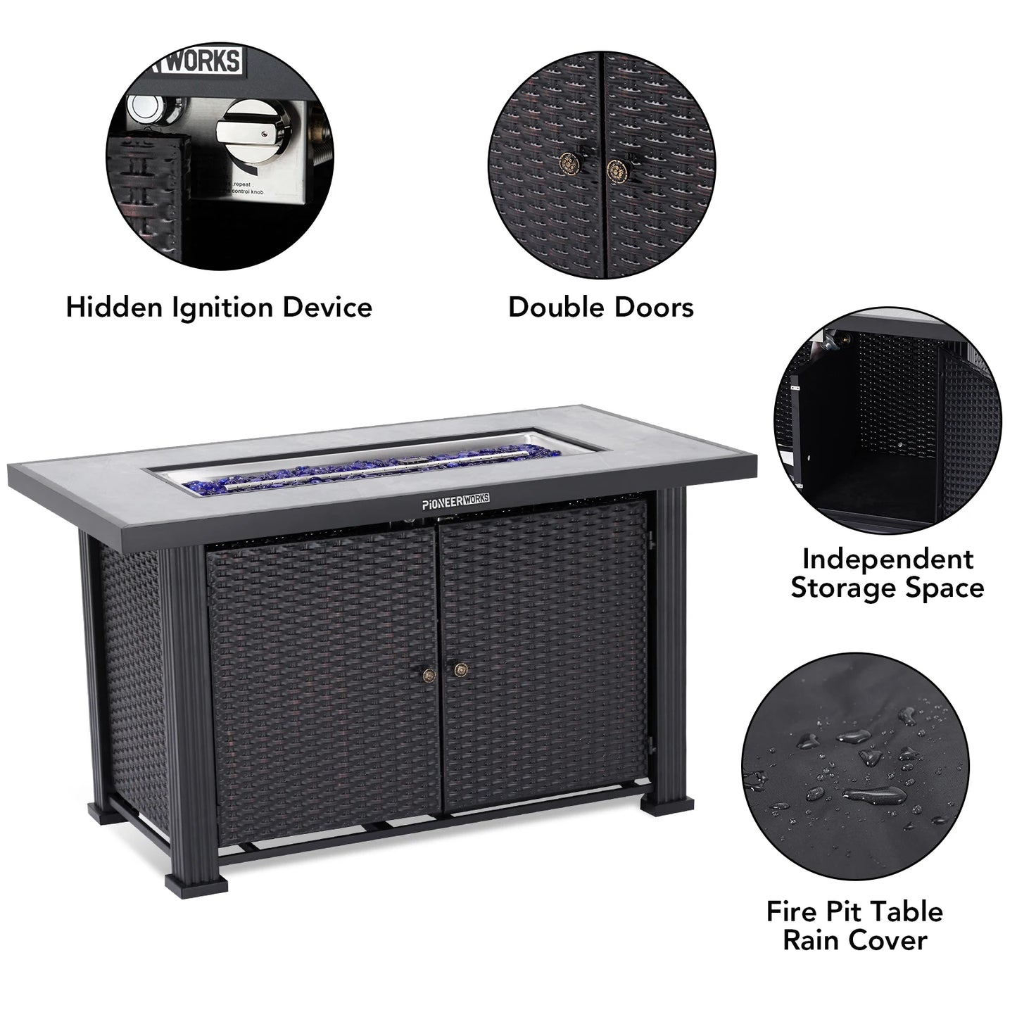 Ljustra 44 Inch Propane Fire Pit Table Rectangle 50000BTU Garden Patio