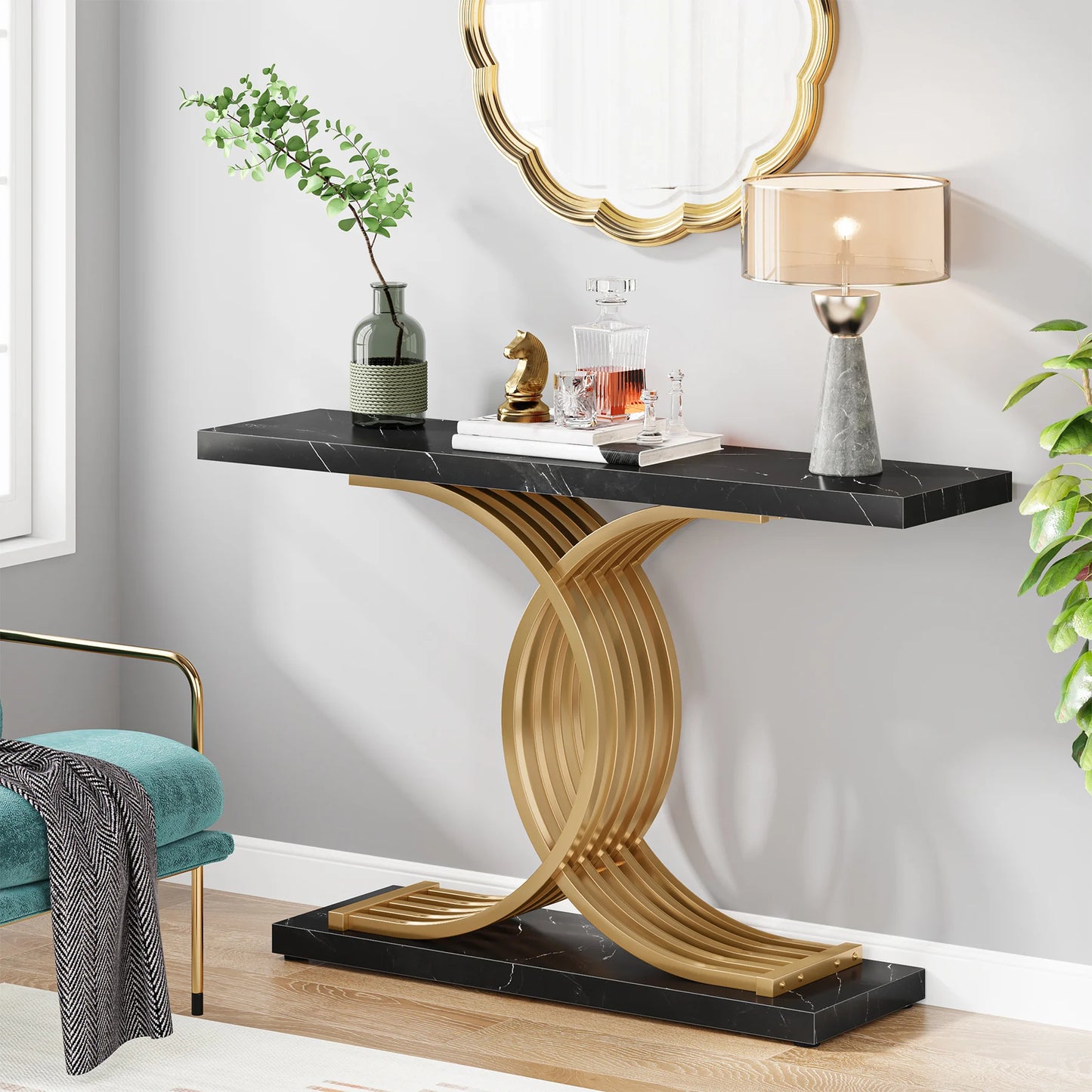Ljustra Modern 39-Inch Console Table Faux Marble Gold Metal Legs