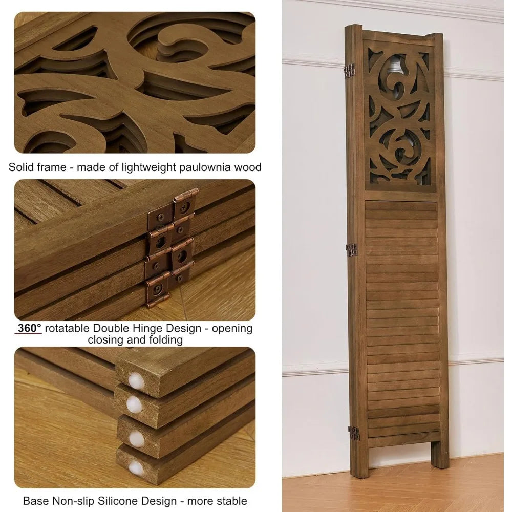 Folding Room Divider 4 Panels Wood Carved Privacy Screen Freestanding