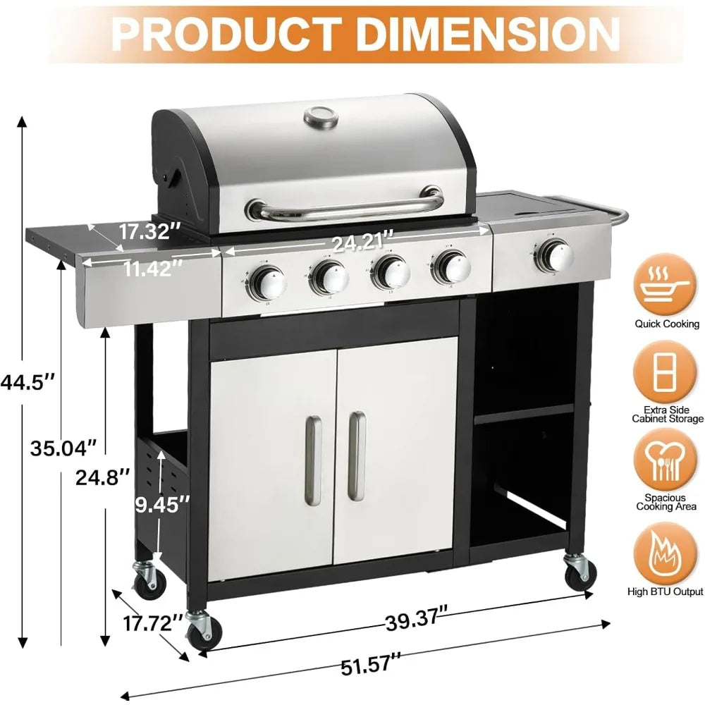 4-Burner Propane Gas Grill with Side Burner and Cabinet 49000 BTU BBQ