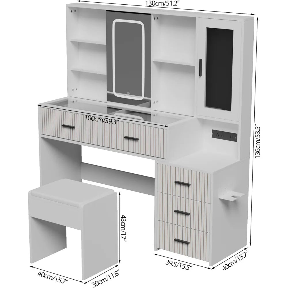 Large White Vanity Desk with Mirror Lights Makeup Table 5 Drawers Charging