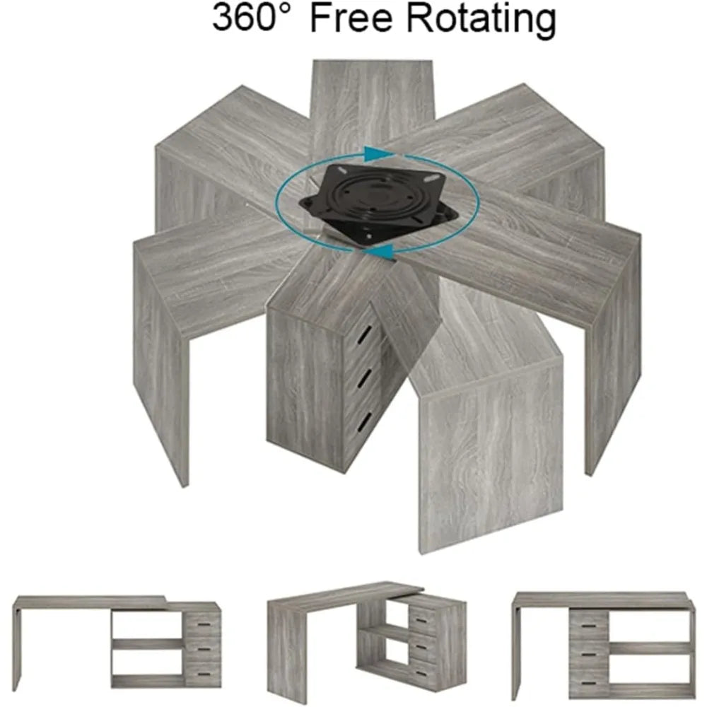 360 Degree Rotating L Shaped Computer Desk with Drawers and Shelves